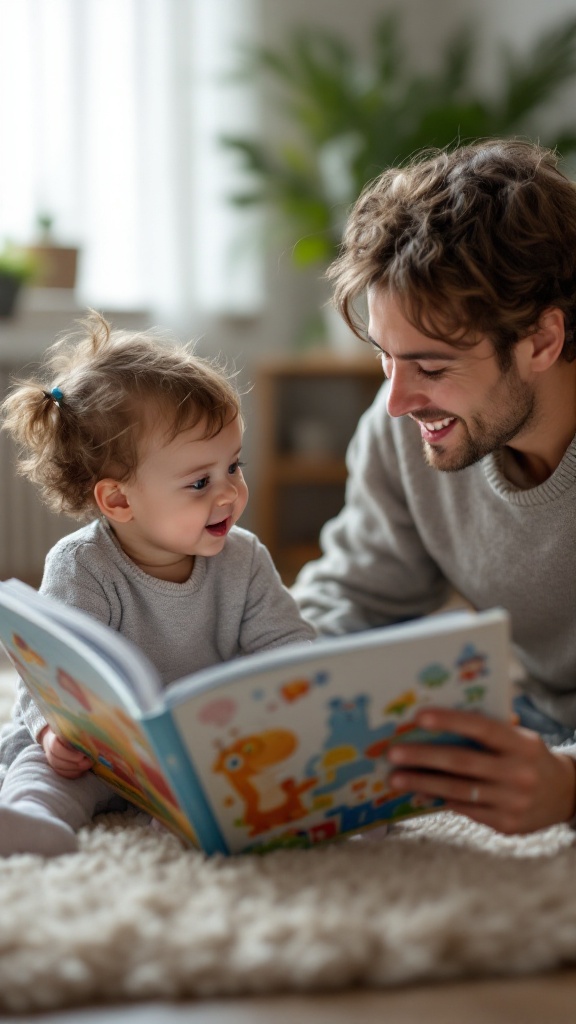 A father and child reading a colorful picture book together, sharing smiles and happiness.