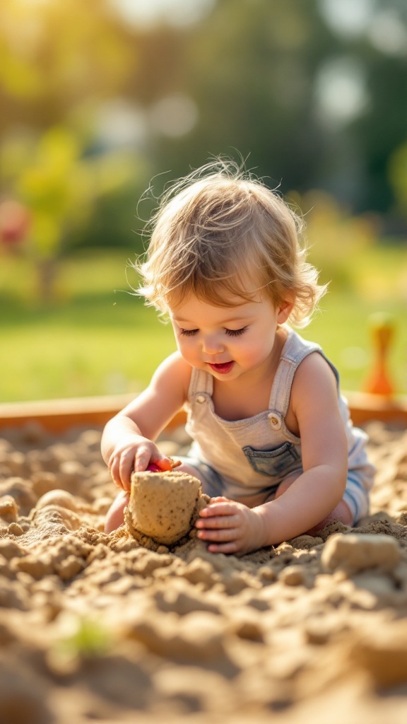 A young child playing in a sandbox, enjoying the warm sunlight.