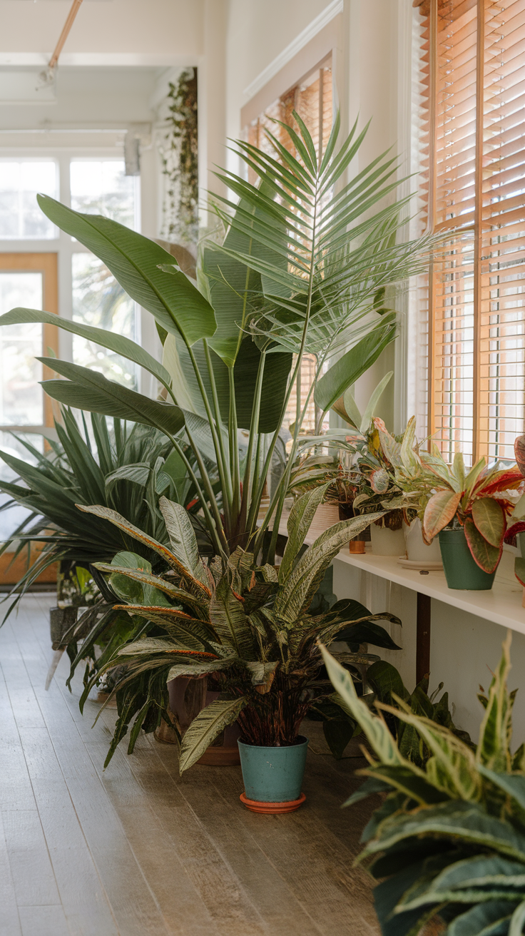 Indoor space filled with various tropical plants in pots, showcasing vibrant greenery and natural light.