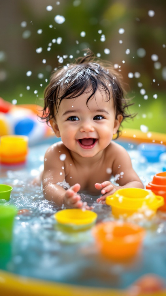 A joyful baby playing in a water-filled tub with colorful bath toys.