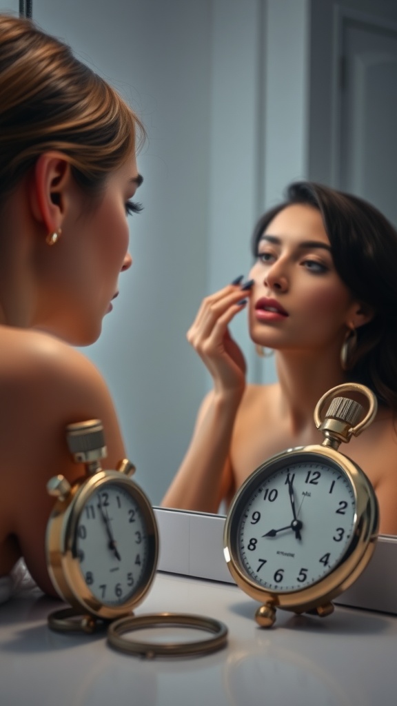 A woman applying makeup in front of a mirror with two gold stopwatches.