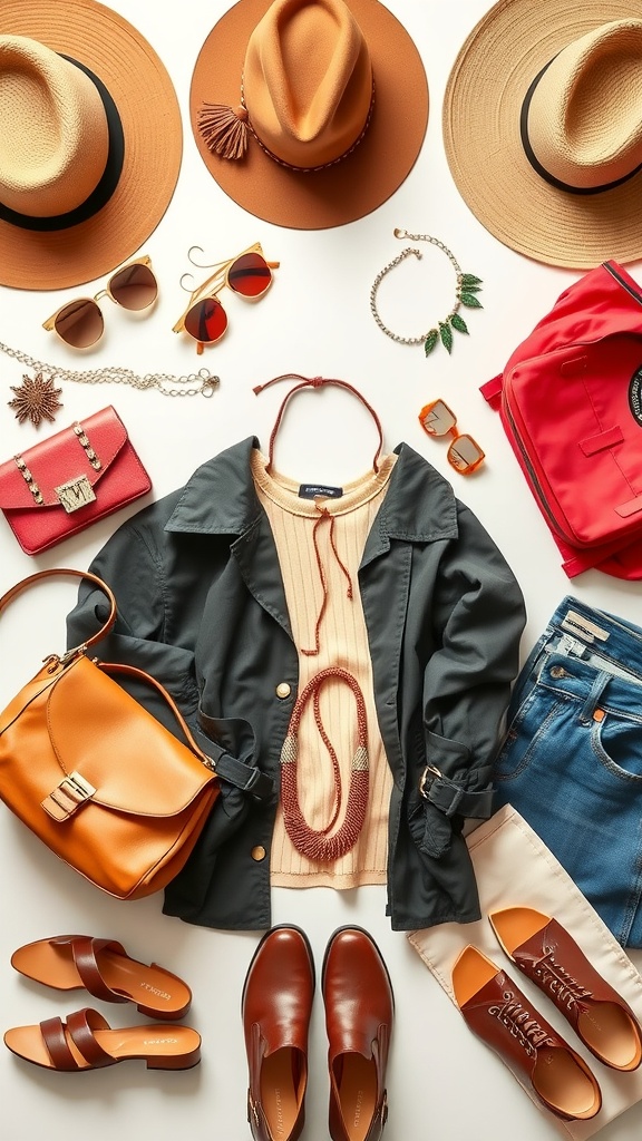 A flat lay of various fashion accessories including hats, bags, and shoes.