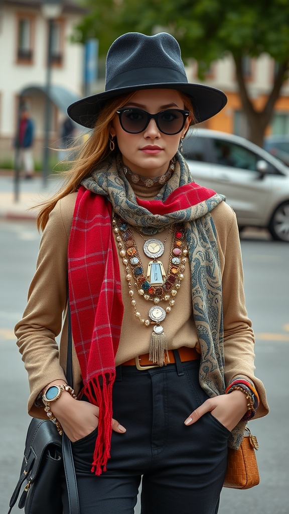 A stylish individual wearing layered necklaces, a red scarf, and a black hat.