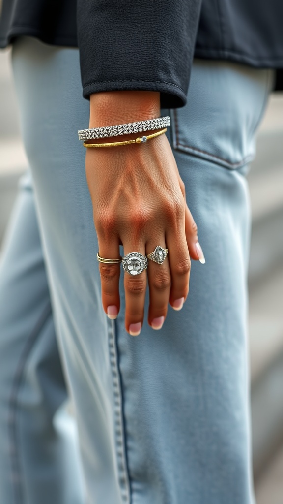 A close-up of a hand adorned with multiple statement rings and bracelets, showcasing a stylish look.