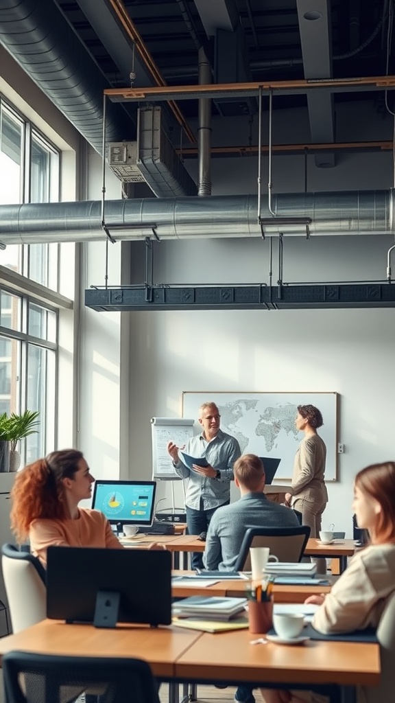 A business meeting with a diverse group of people discussing strategies in a modern office setting.