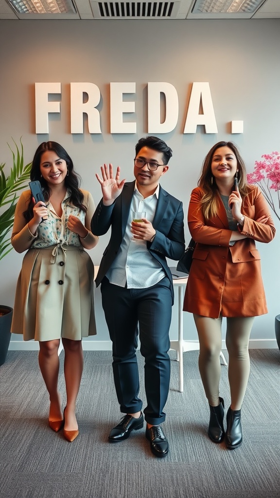 Three young professionals in a stylish office setting, each wearing different outfits that blend casual and formal styles.