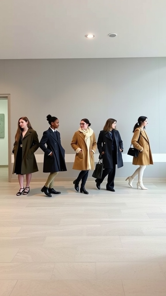 Five women in stylish coats showcasing different looks.