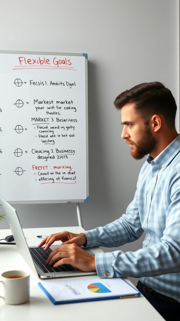 A man working on a laptop with a whiteboard titled 'Flexible Goals' in the background, showcasing a list of goals and strategies.