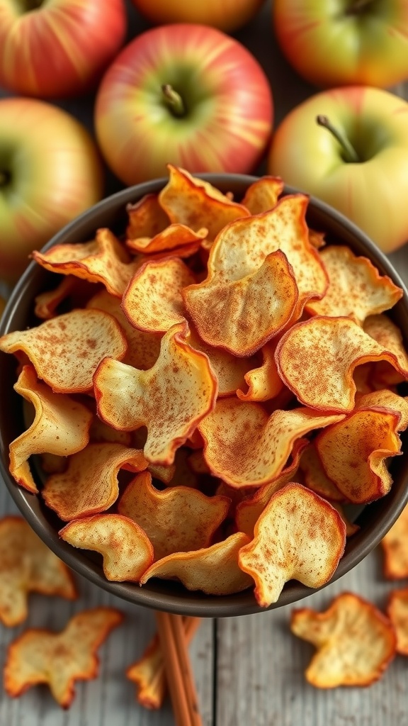 A bowl of crispy apple chips surrounded by fresh apples