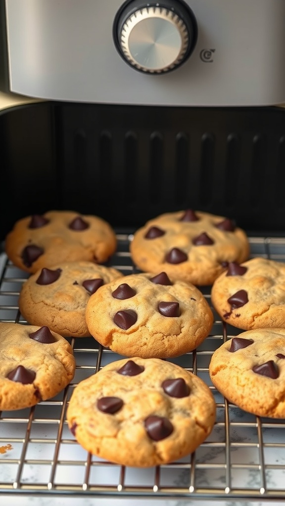 Air fryer chocolate chip cookies cooling on a rack.