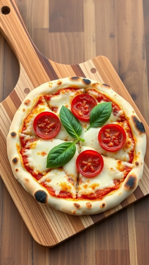 Homemade pizza with tomato slices and basil on a wooden cutting board.