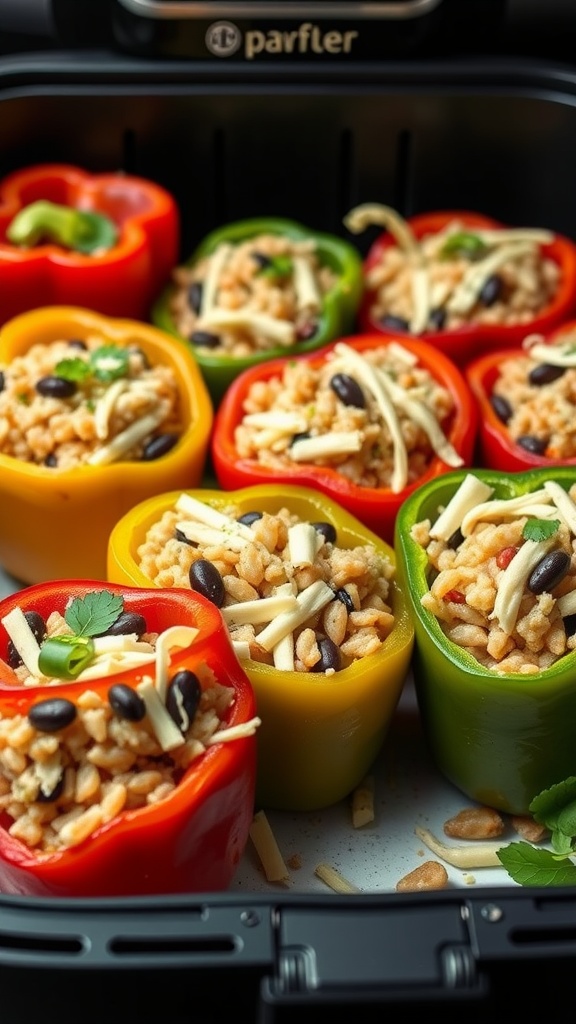 A variety of stuffed bell peppers filled with rice, beans, and cheese in an air fryer.
