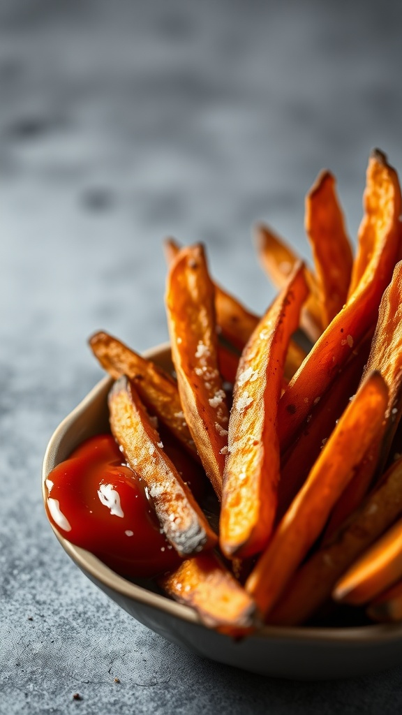 A bowl of crispy sweet potato fries with a side of ketchup.