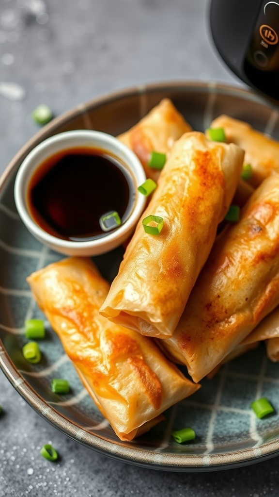 A plate of golden brown vegetable spring rolls with green onions and a dipping sauce.