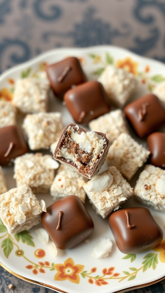 A close-up view of Almond Joy Bites, featuring chocolate-covered coconut treats on a decorative plate.