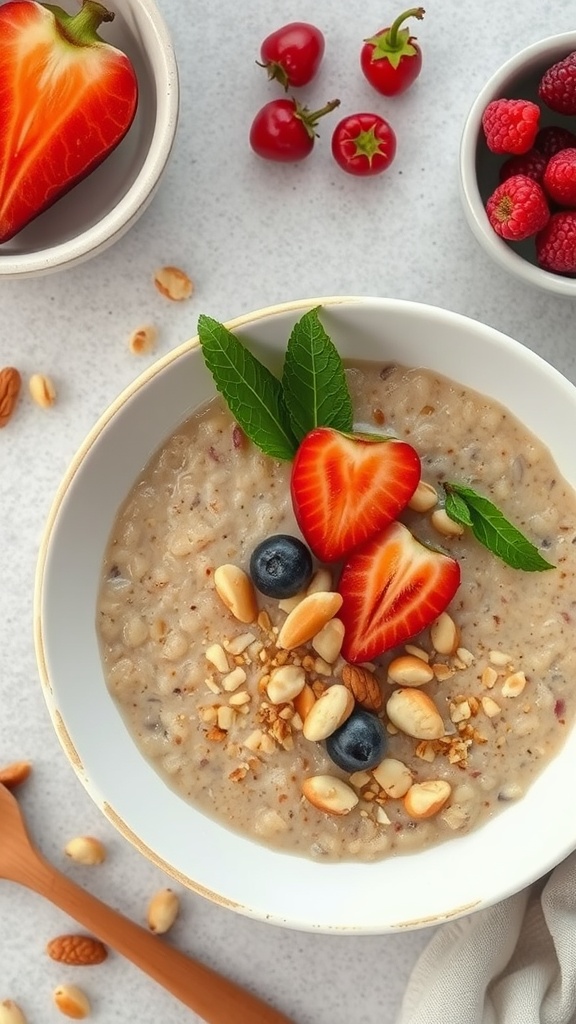 A bowl of amaranth porridge topped with fresh strawberries, blueberries, and nuts, surrounded by berries and a wooden spoon.