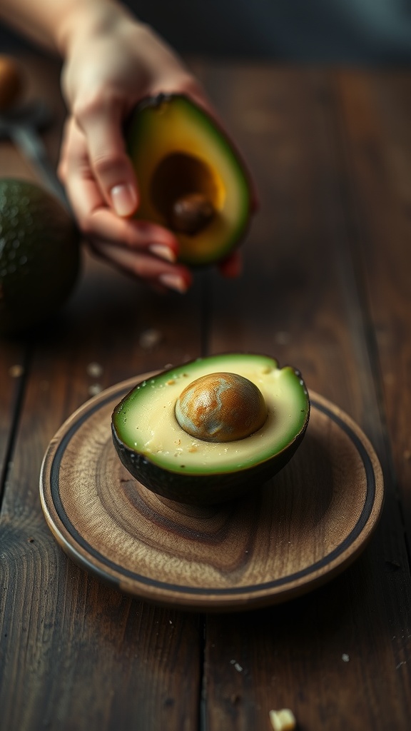 A hand holding a halved avocado over a wooden plate