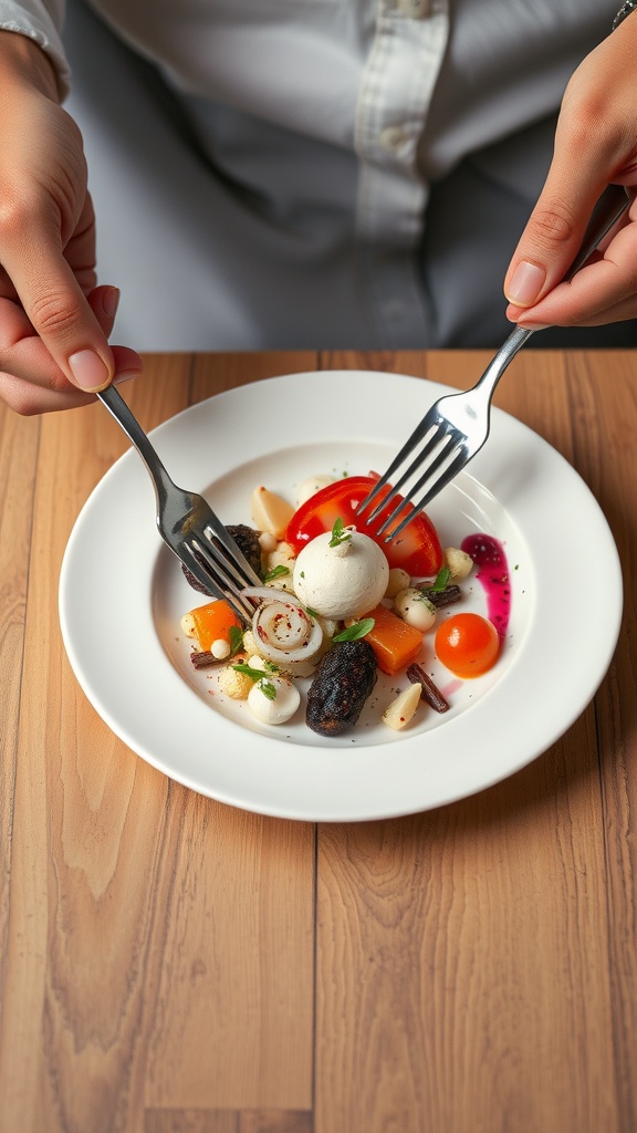 A beautifully arranged plate of food with various colorful ingredients.