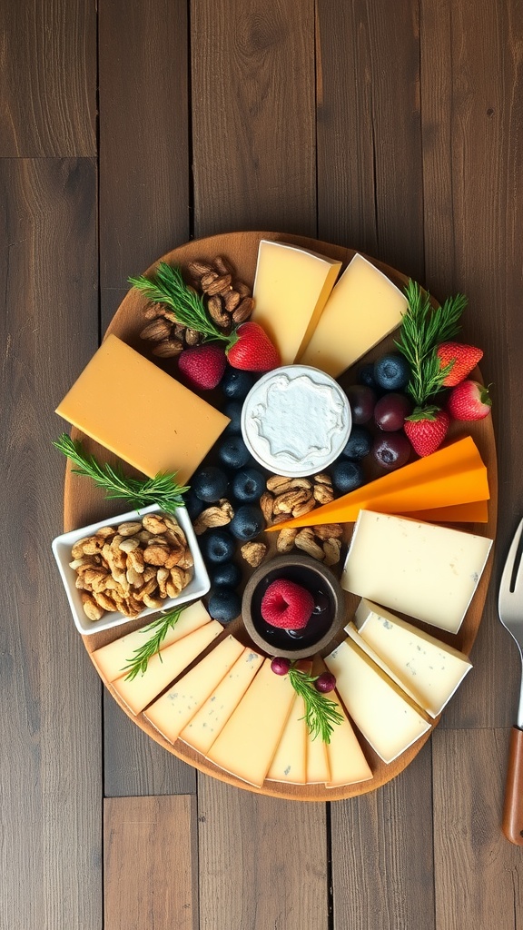 A wooden charcuterie board featuring an assortment of cheeses, fresh fruits, nuts, and herbs.