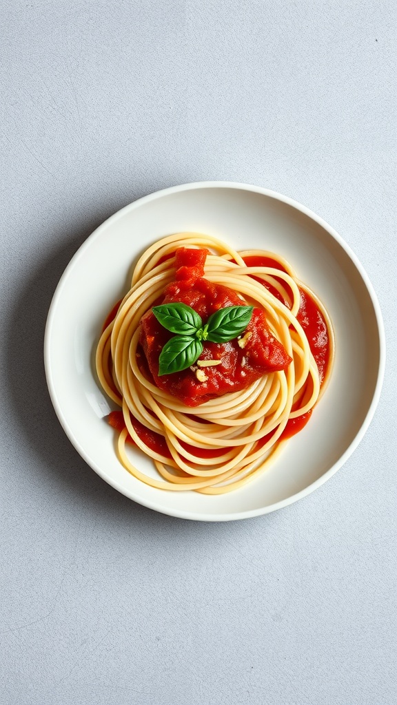 A plate of spaghetti with tomato sauce and fresh basil on top.