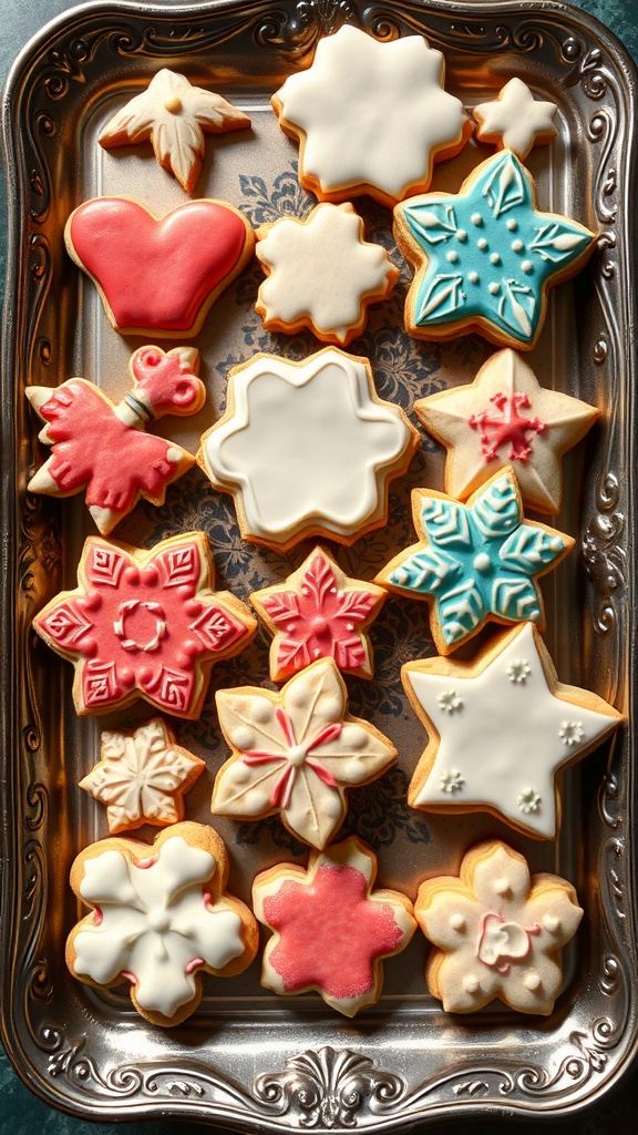A tray of decorated artisan cookies in various shapes and colors.