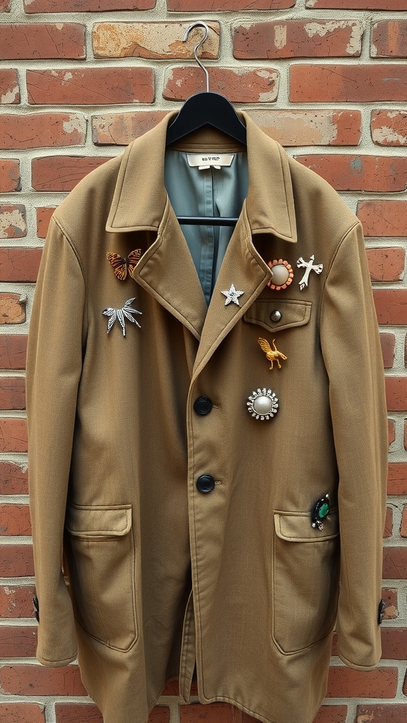 A brown jacket adorned with various colorful artistic brooches.
