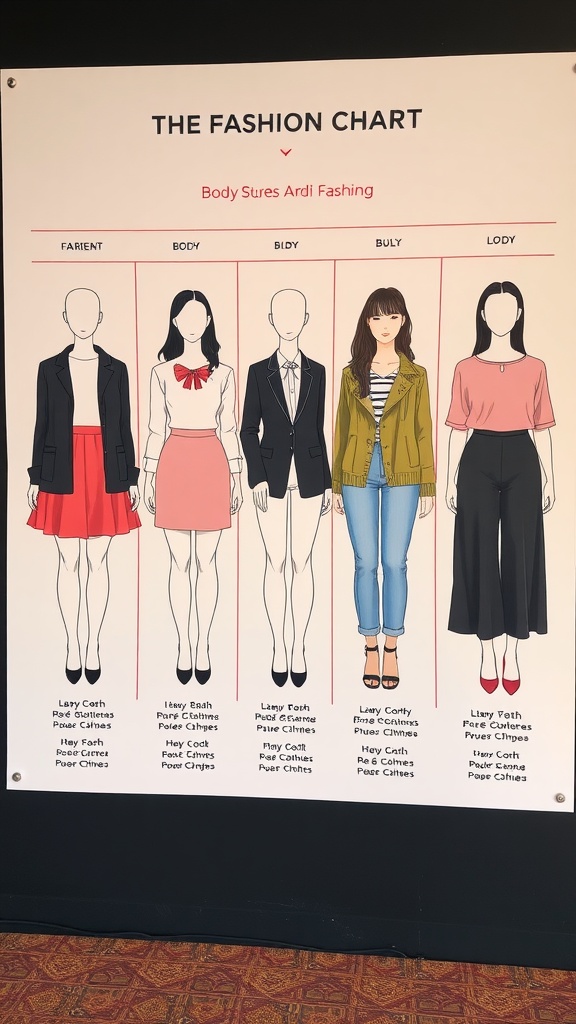 Illustration showing different body shapes with corresponding clothing styles.