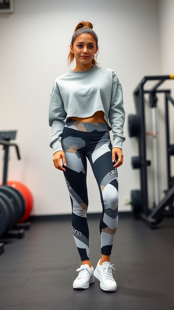 A person wearing stylish leggings and a cropped sweatshirt in a gym setting.