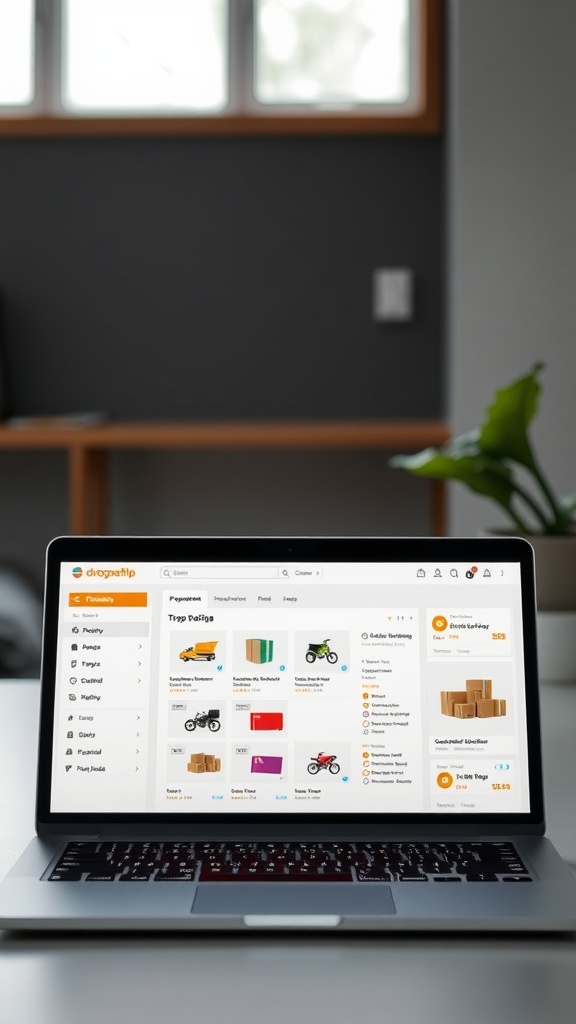 A laptop displaying a dropshipping dashboard with products and options for business management.