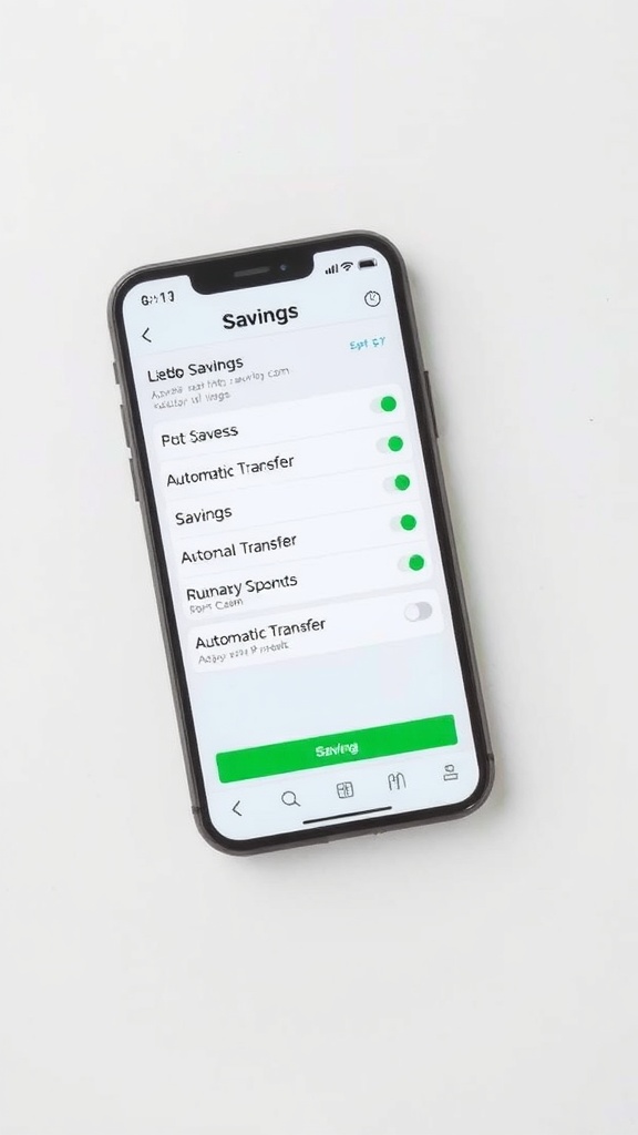 A smartphone displaying a savings app with automatic transfer settings.