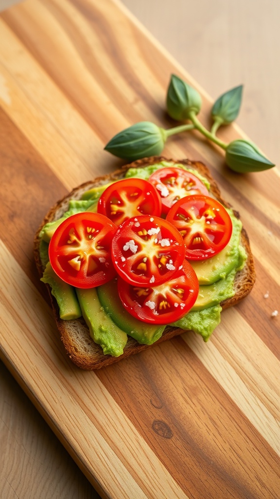 A slice of avocado toast topped with cherry tomatoes on a wooden cutting board.