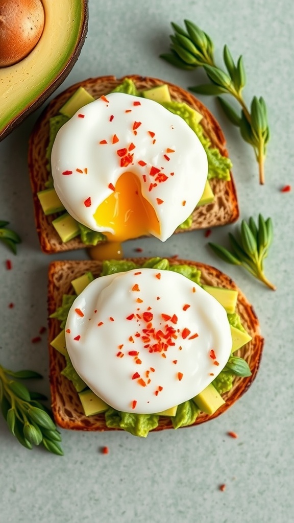 A close-up of avocado toast topped with a poached egg and red pepper flakes