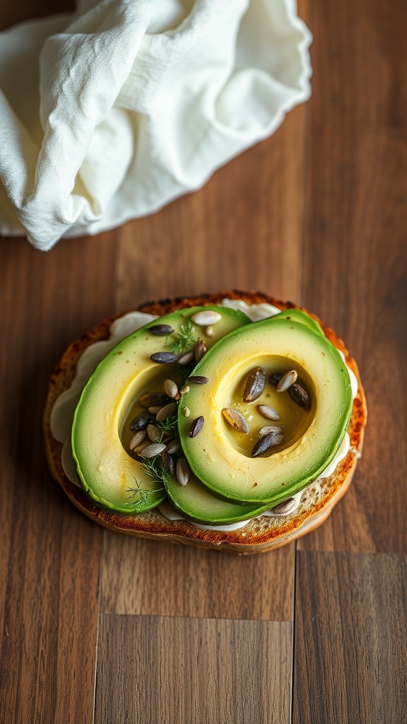 A delicious avocado toast topped with seeds on a wooden table.