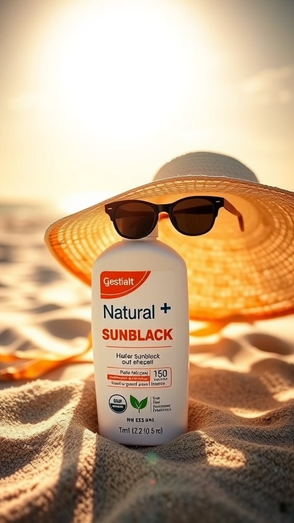 A bottle of natural sunblock positioned on sandy beach with a sun hat and sunglasses.