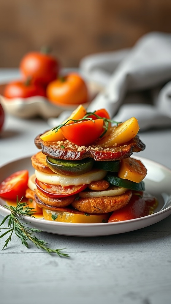 A delicious serving of baked ratatouille stacked with colorful vegetables.