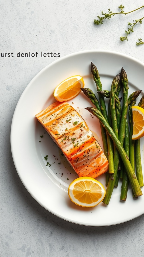Plate of baked salmon with asparagus and lemon slices.