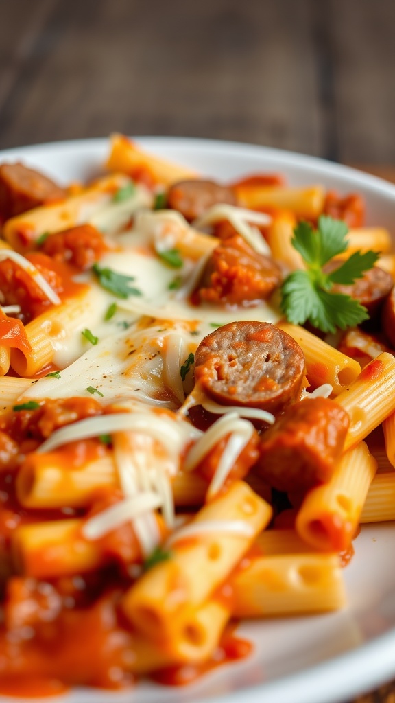 A plate of baked ziti with Italian sausage, garnished with parsley.