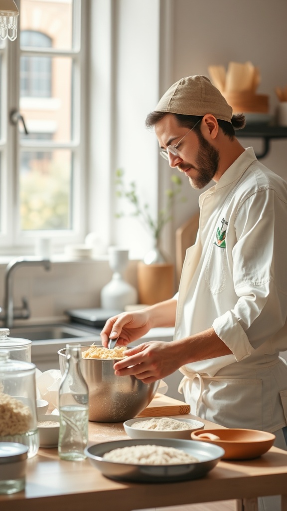 A person in a kitchen mixing ingredients in a bowl surrounded by various baking materials.