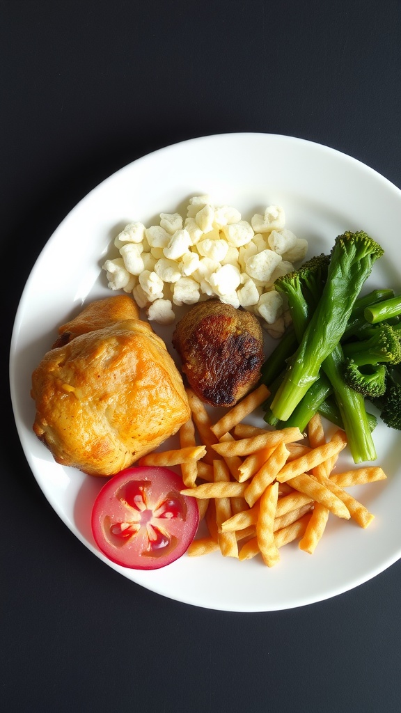 A well-balanced meal with chicken, vegetables, and fries on a white plate.