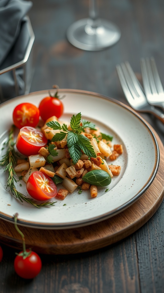 A plate of pasta with fresh tomatoes and herbs, showcasing a balance of flavor and nutrition.