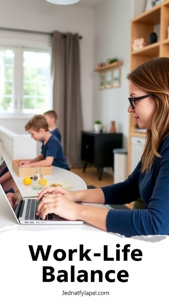 A person working on a laptop at home with children playing in the background.