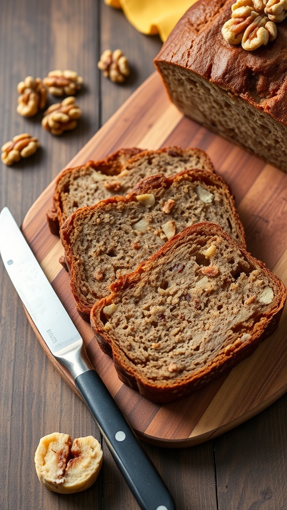 Sliced banana bread with walnuts on a wooden cutting board, with a knife and whole walnuts scattered around.