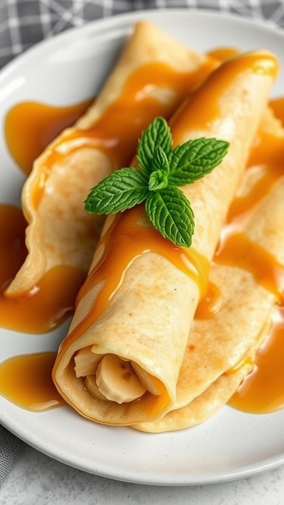 Plate of Banana Foster crepes drizzled with rum sauce and garnished with mint.