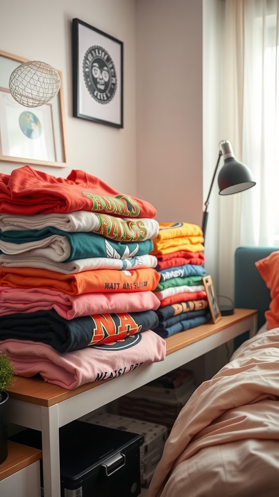 A neat stack of colorful graphic t-shirts on a desk next to a lamp and framed art.