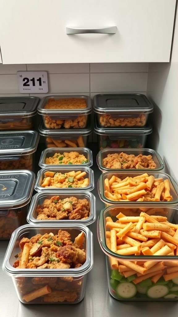Various meal prep containers filled with different cooked foods for easy meal planning.