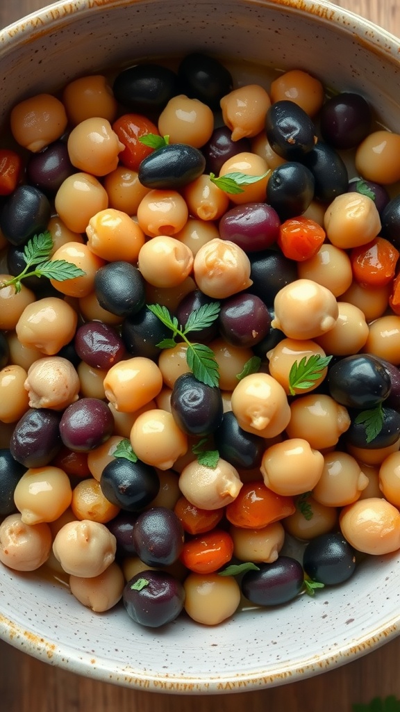 A bowl filled with various colorful beans garnished with green leaves.