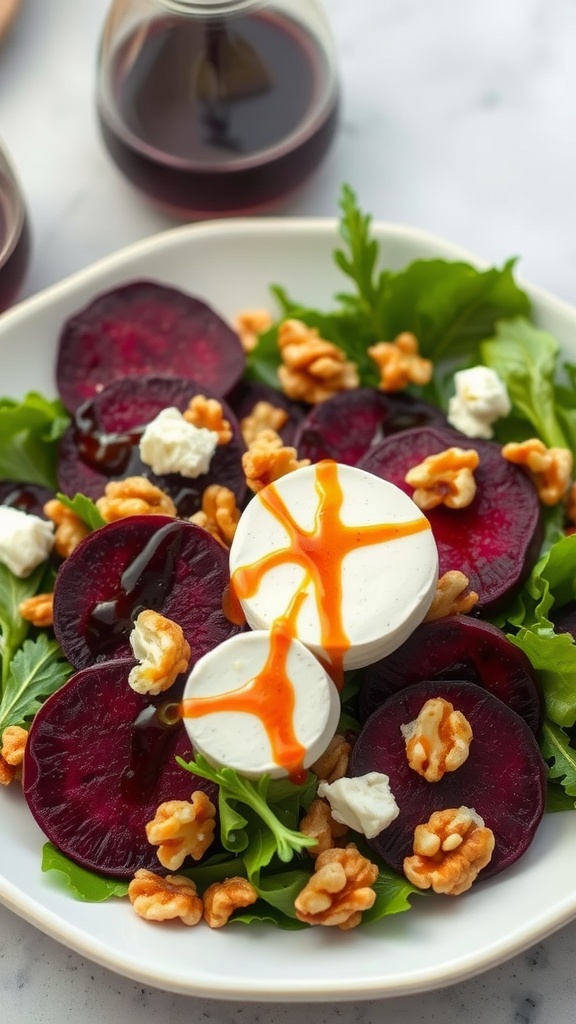 A vibrant salad featuring sliced beets, walnuts, greens, and cheese drizzled with sauce.