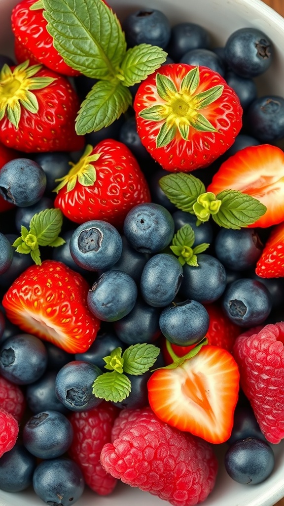 A bowl filled with fresh strawberries, blueberries, raspberries, and mint leaves.