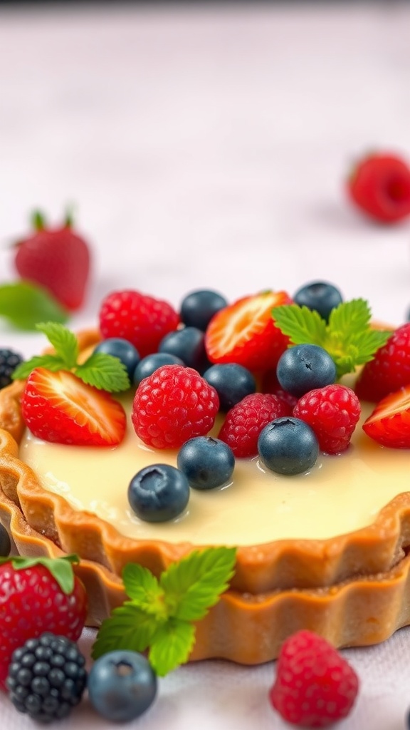 A berry tart topped with strawberries, blueberries, and raspberries, with a sweet custard filling in a golden crust.
