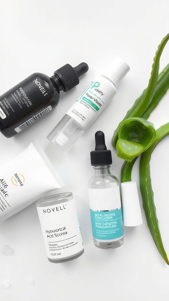 A collection of skincare products and aloe vera leaves
